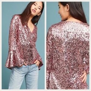 Moulinette Soeurs Anthropologie Pink Sequin Bell Sleeve V-Neck Top Size 2
